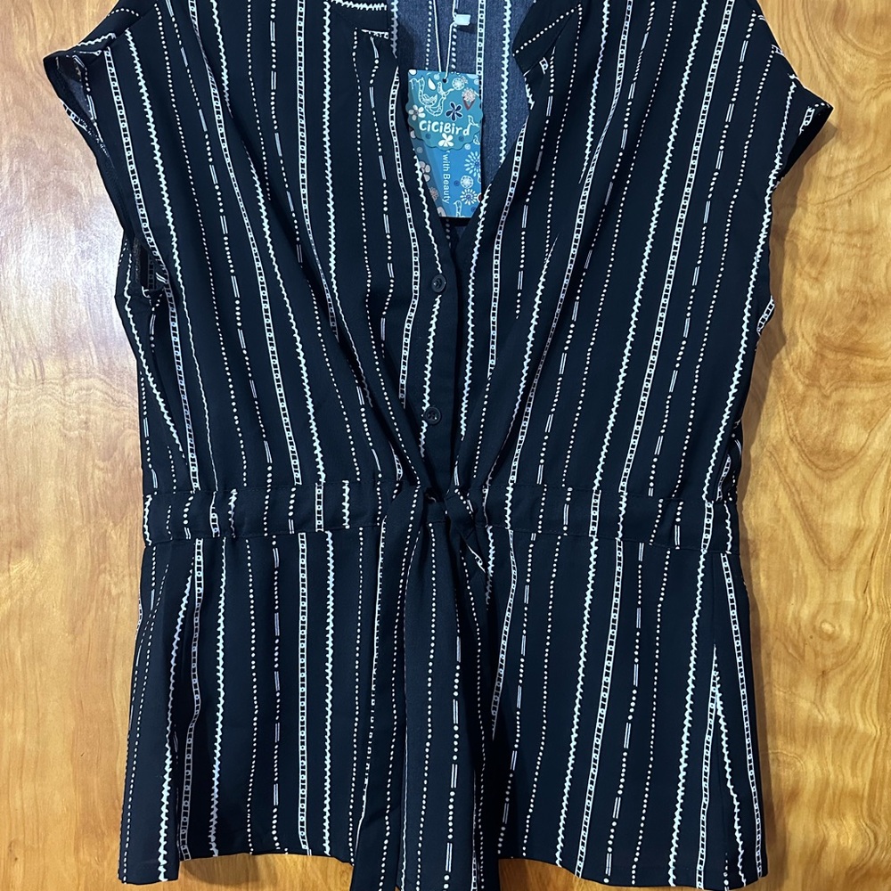 Black and White Striped Button-Up Top